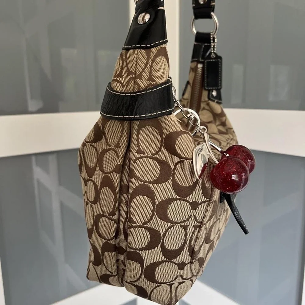 Coach Brown Signature Canvas Shoulder Bag with Black Trim